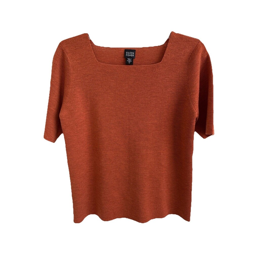 EUC Eileen Fisher Short sleeve Pumpkin Orange Sweater 100% Wool Italian yarn S